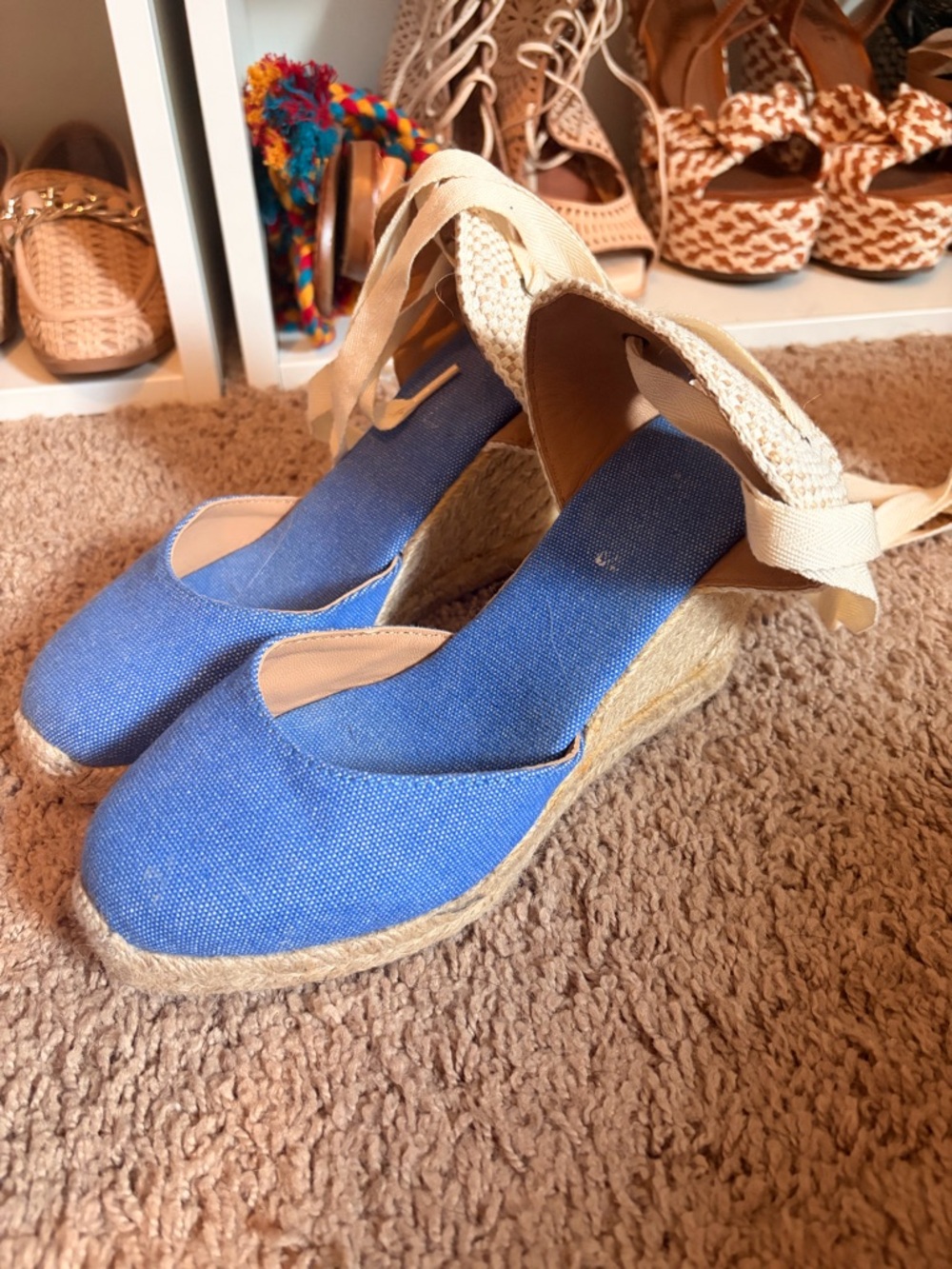 Soludos Blue Canvas Espadrille Wedges with Cream Ankle Tie